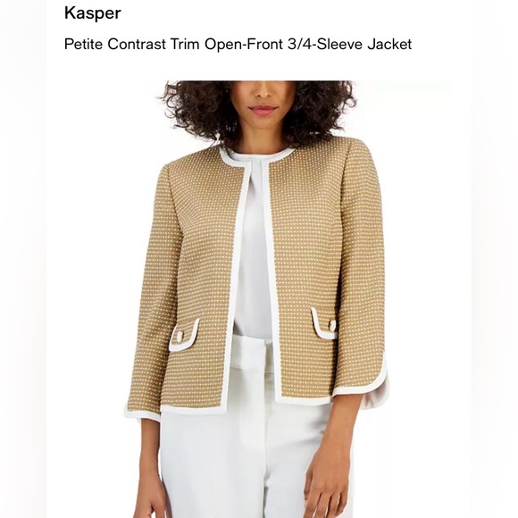 Kasper Jackets & Blazers - Kasper Tan and White Contrast Trim Blazer